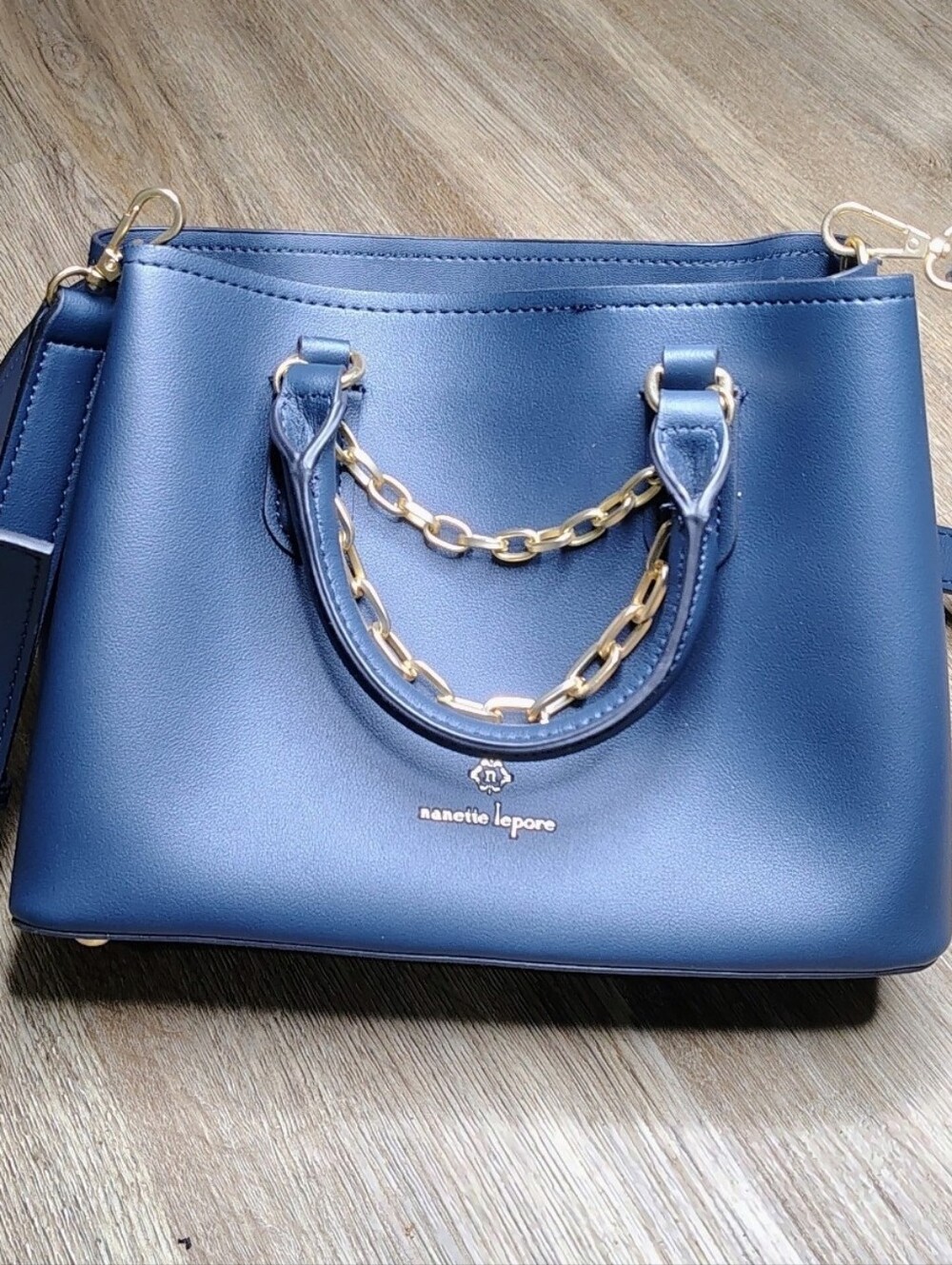 Nanette Lepore Navy Satchel with Gold Chain Detail